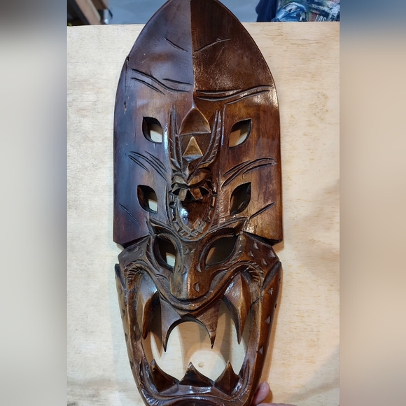 Vintage sculpture Wood hand carved tribal Phillipine mask Bakunawa